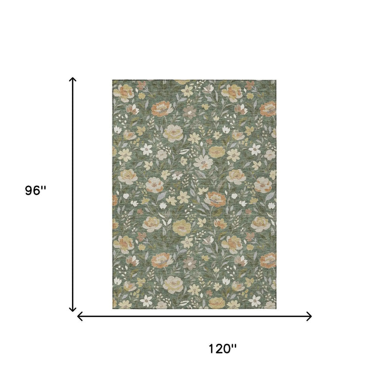 8' X 10' Green And Ivory Floral Washable Indoor Outdoor Area Rug Homeroots Outdoor