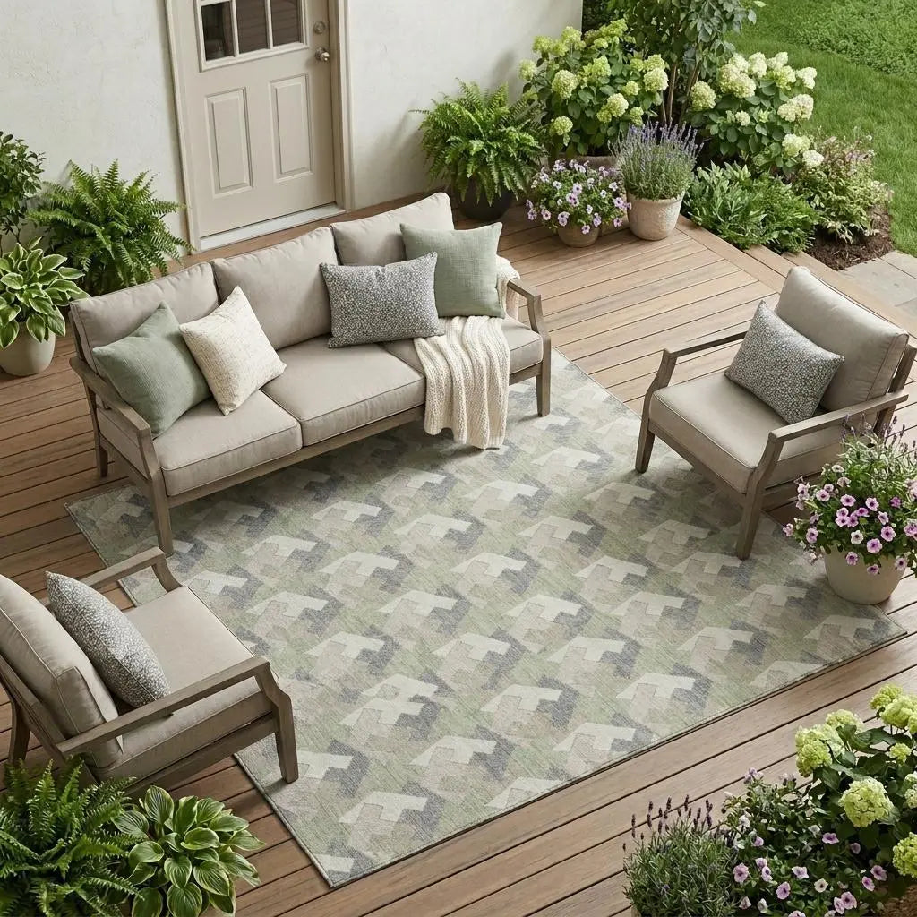 8' X 10' Green And Ivory Geometric Washable Indoor Outdoor Area Rug Homeroots Outdoor