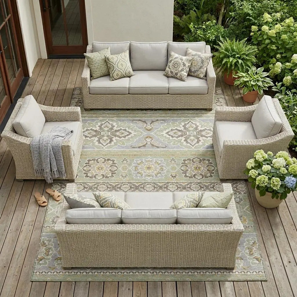 8' X 10' Green And Ivory Tribal Washable Indoor Outdoor Area Rug Homeroots Outdoor