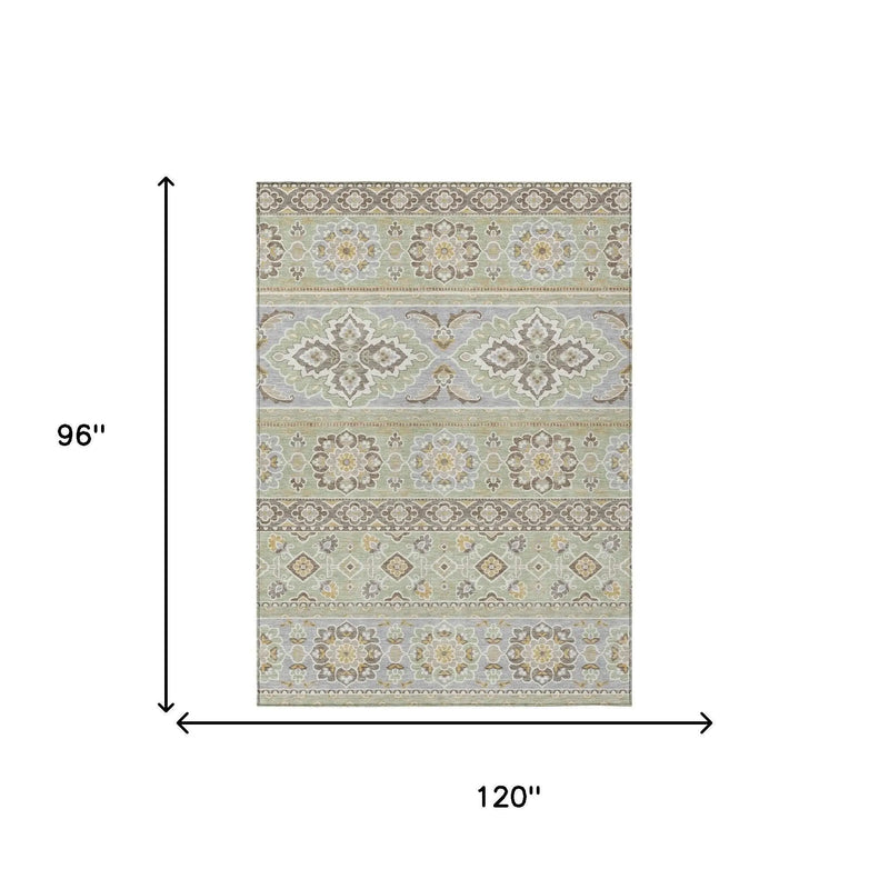 8' X 10' Green And Ivory Tribal Washable Indoor Outdoor Area Rug Homeroots Outdoor