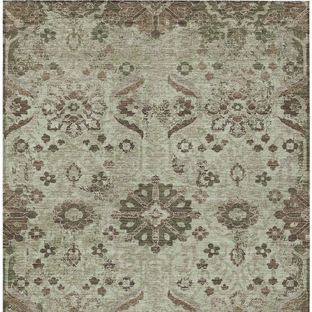8' X 10' Green And Khaki Damask Washable Indoor Outdoor Area Rug Homeroots Outdoor