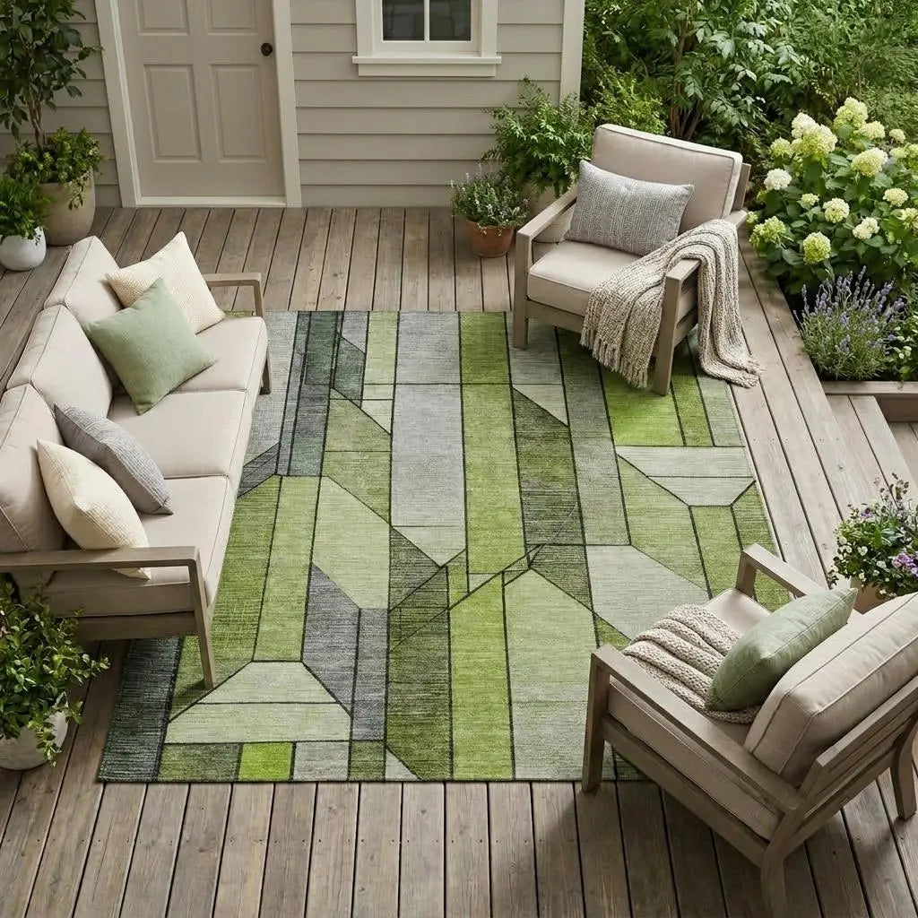 8' X 10' Green And Lime Green Geometric Washable Indoor Outdoor Area Rug Homeroots Outdoor