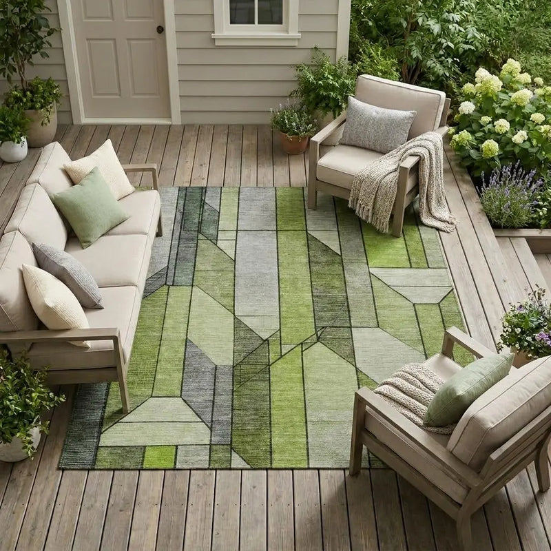 8' X 10' Green And Lime Green Geometric Washable Indoor Outdoor Area Rug Homeroots Outdoor