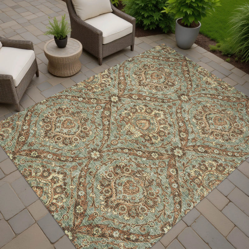 8' X 10' Green And Linen Floral Washable Indoor Outdoor Area Rug Homeroots Outdoor
