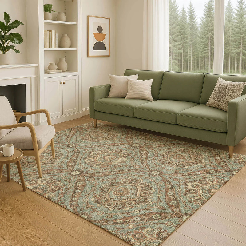 8' X 10' Green And Linen Floral Washable Indoor Outdoor Area Rug Homeroots Outdoor