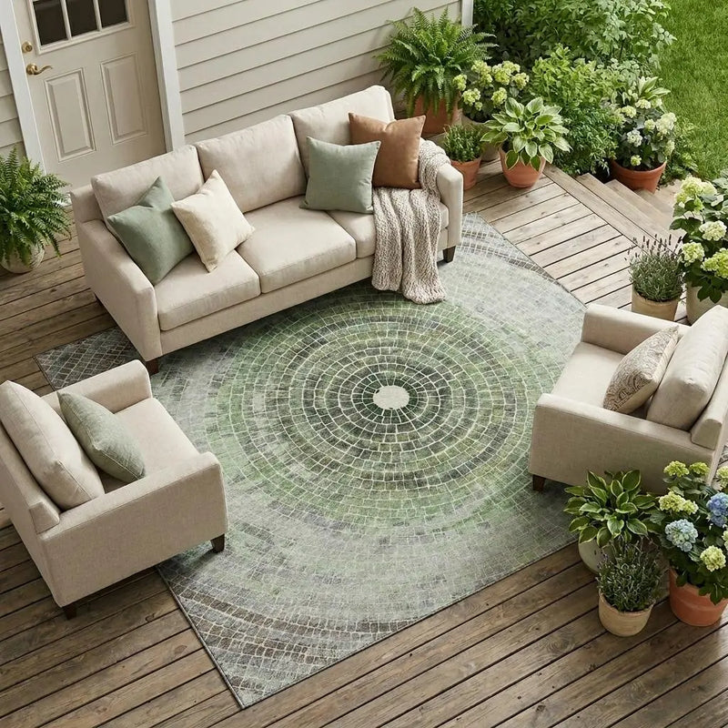 8' X 10' Green And Olive Green Geometric Washable Indoor Outdoor Area Rug Homeroots Outdoor