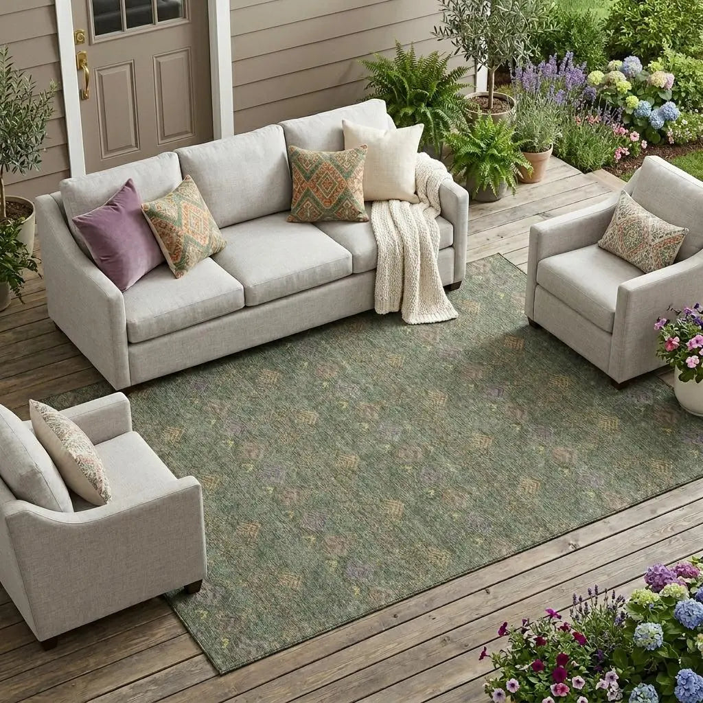 8' X 10' Green And Olive Green Geometric Washable Indoor Outdoor Area Rug Homeroots Outdoor