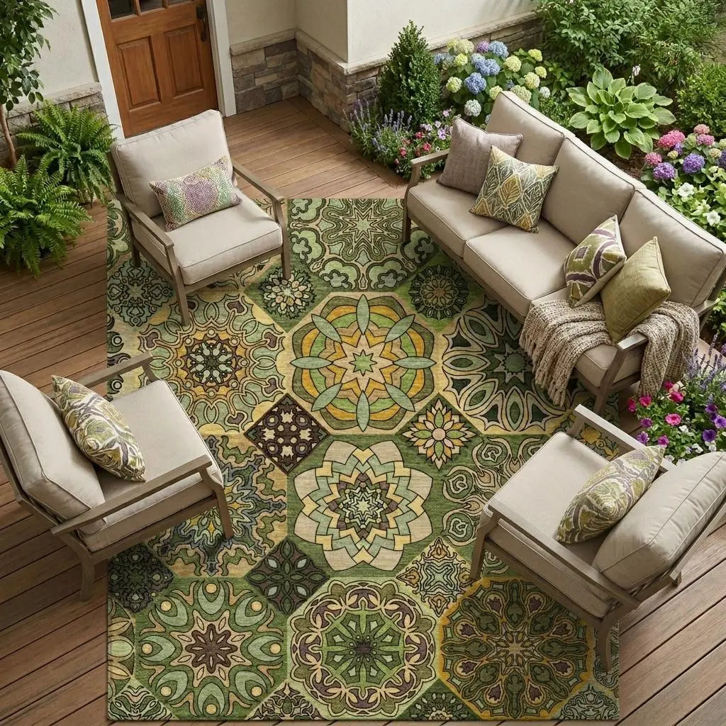 8' X 10' Green And Olive Green Patchwork Washable Indoor Outdoor Area Rug Homeroots Outdoor