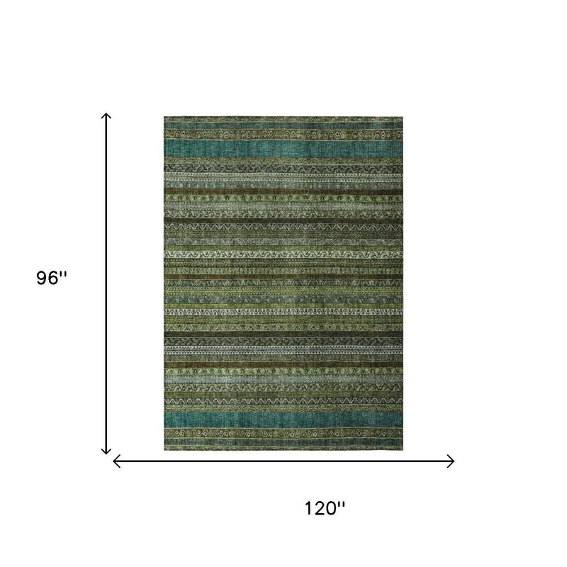 8' X 10' Green And Olive Green Striped Washable Indoor Outdoor Area Rug Homeroots Outdoor