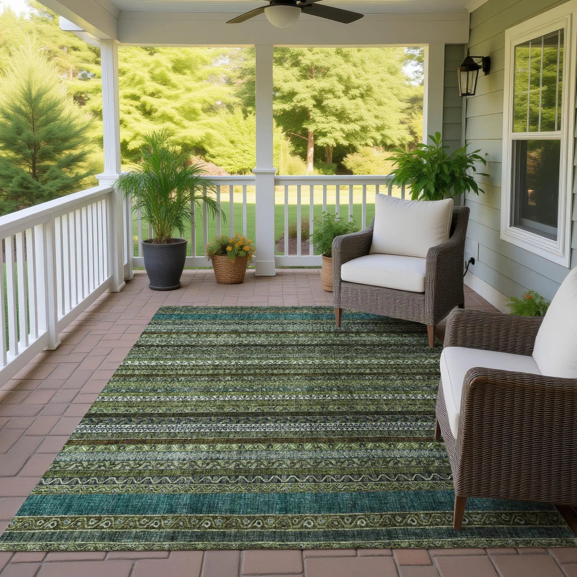 8' X 10' Green And Olive Green Striped Washable Indoor Outdoor Area Rug Homeroots Outdoor