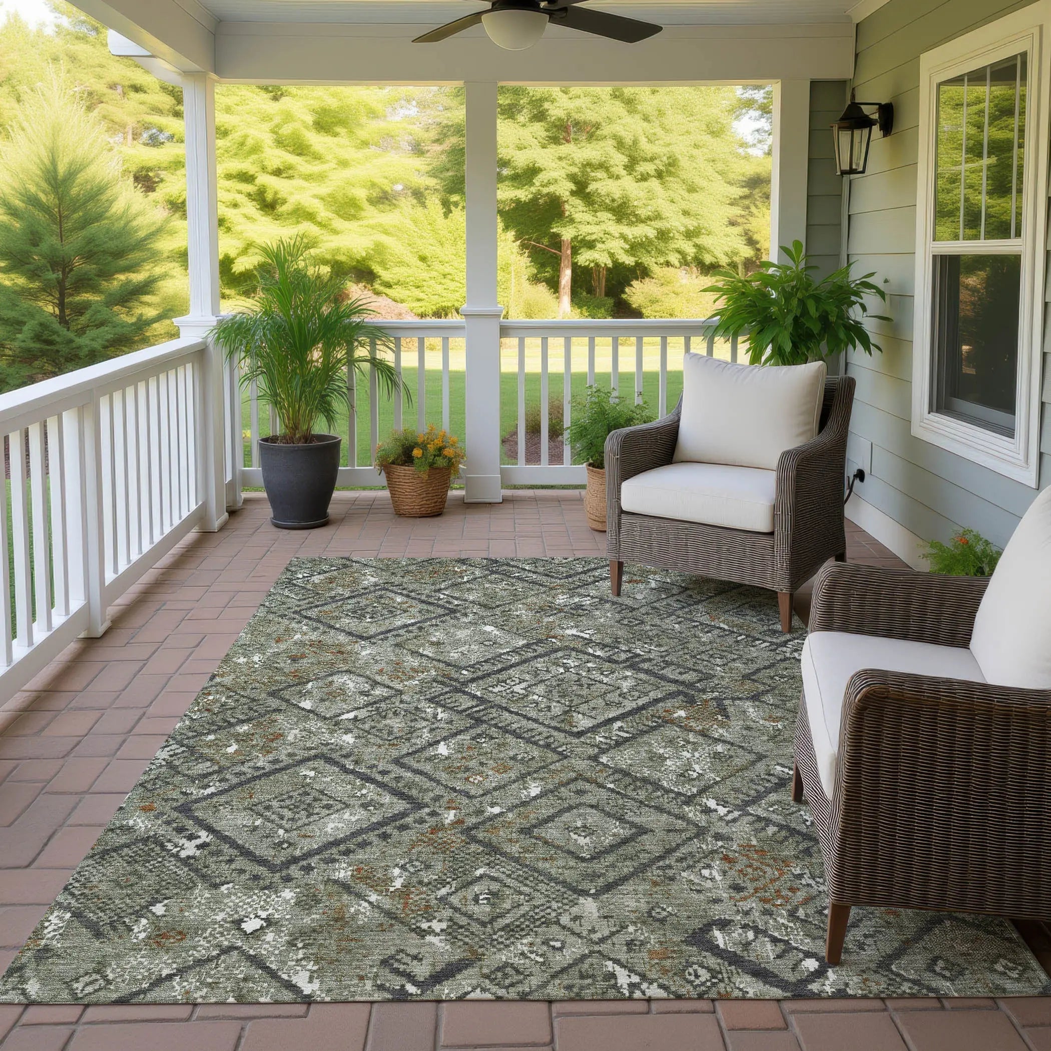 8' X 10' Green And Orange Geometric Washable Indoor Outdoor Area Rug Homeroots Outdoor