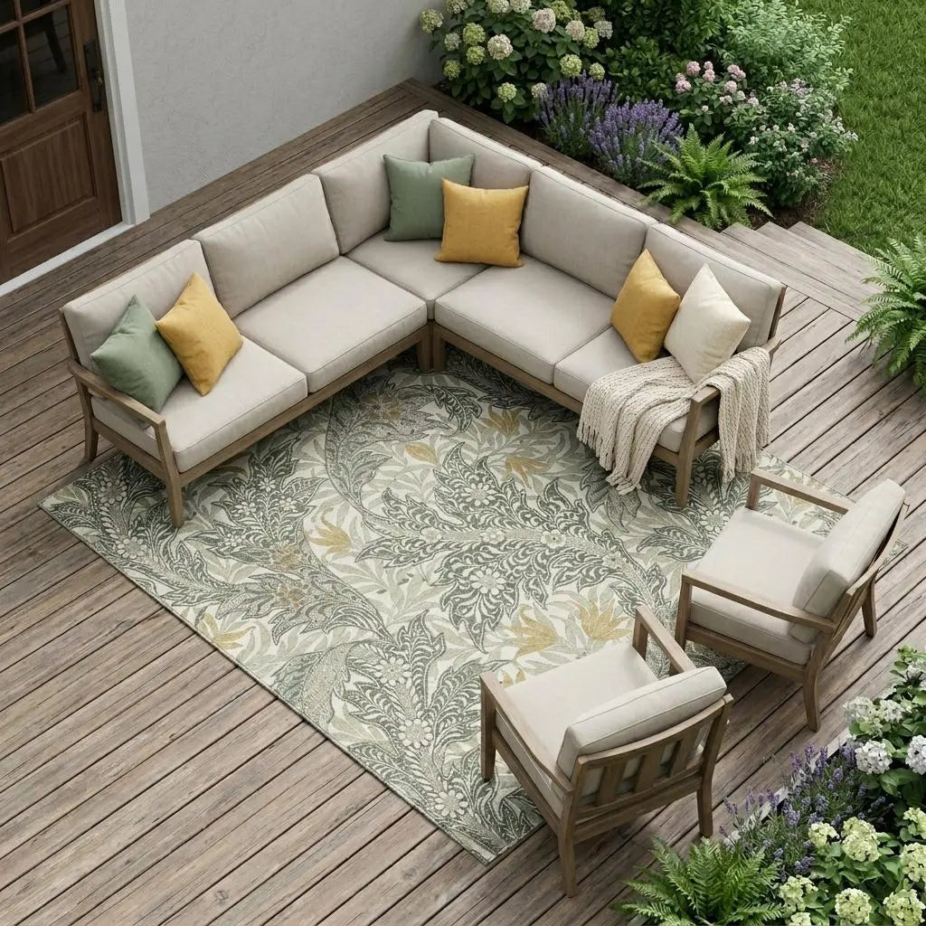 8' X 10' Green And Silver Botanical Leaves Washable Indoor Outdoor Area Rug Homeroots Outdoor