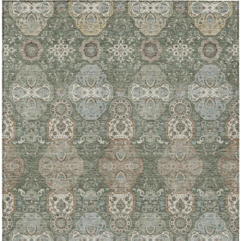 8' X 10' Green And Silver Floral Washable Indoor Outdoor Area Rug Homeroots Outdoor