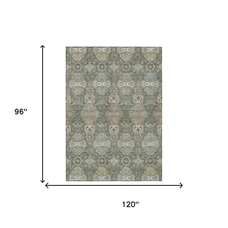 8' X 10' Green And Silver Floral Washable Indoor Outdoor Area Rug Homeroots Outdoor