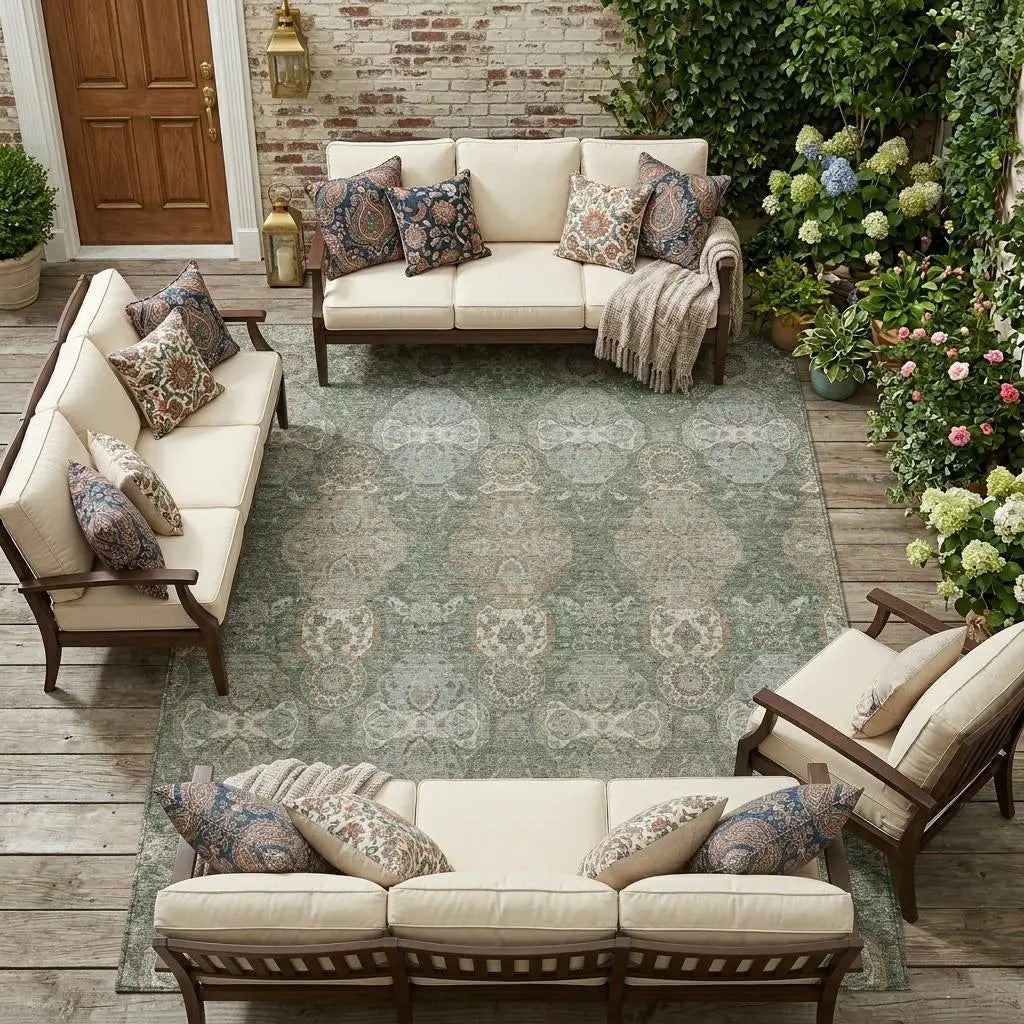8' X 10' Green And Silver Floral Washable Indoor Outdoor Area Rug Homeroots Outdoor