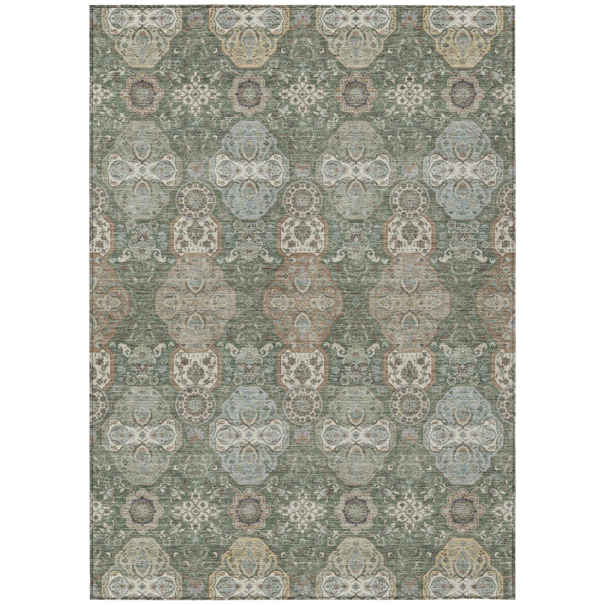 8' X 10' Green And Silver Floral Washable Indoor Outdoor Area Rug Homeroots Outdoor