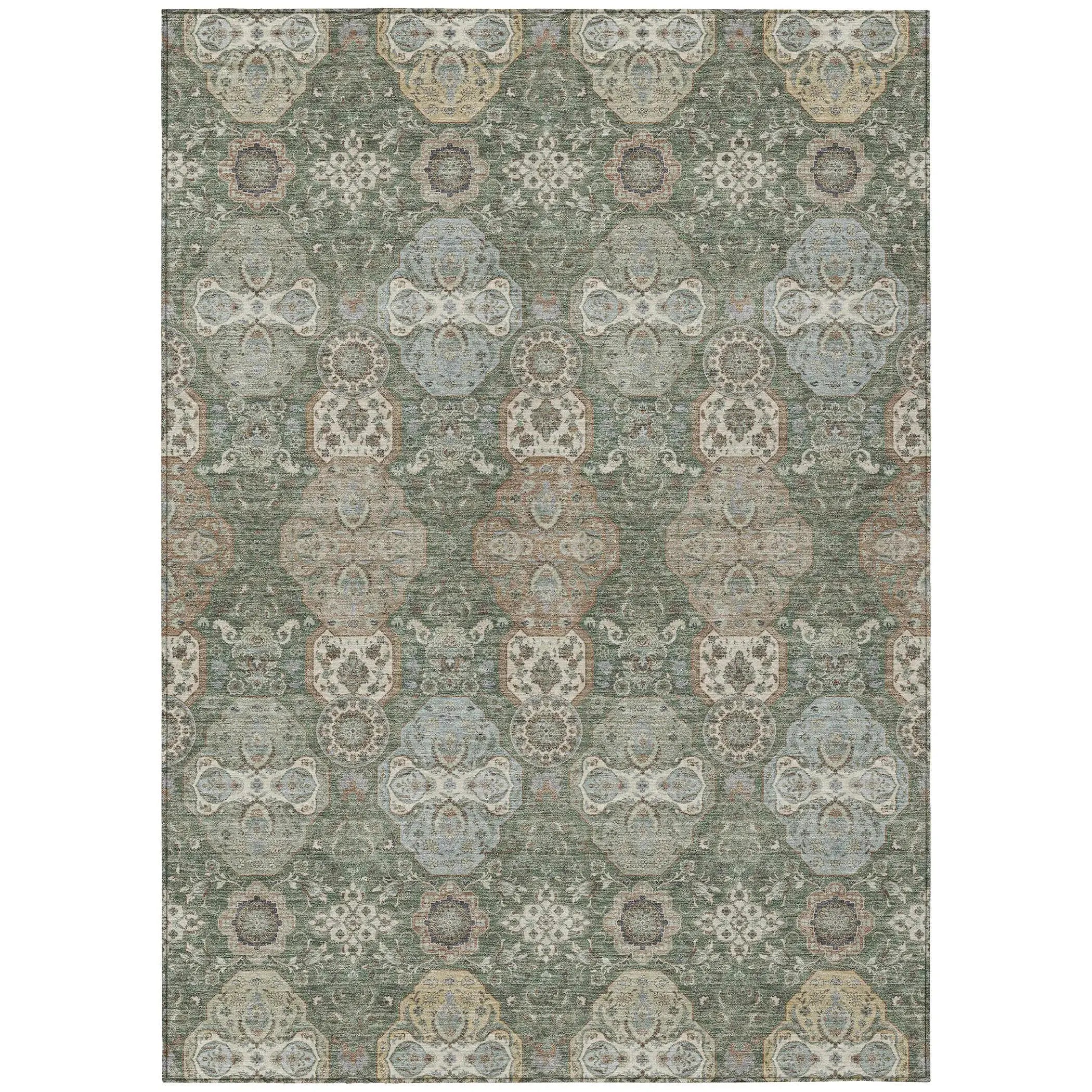 8' X 10' Green And Silver Floral Washable Indoor Outdoor Area Rug Homeroots Outdoor
