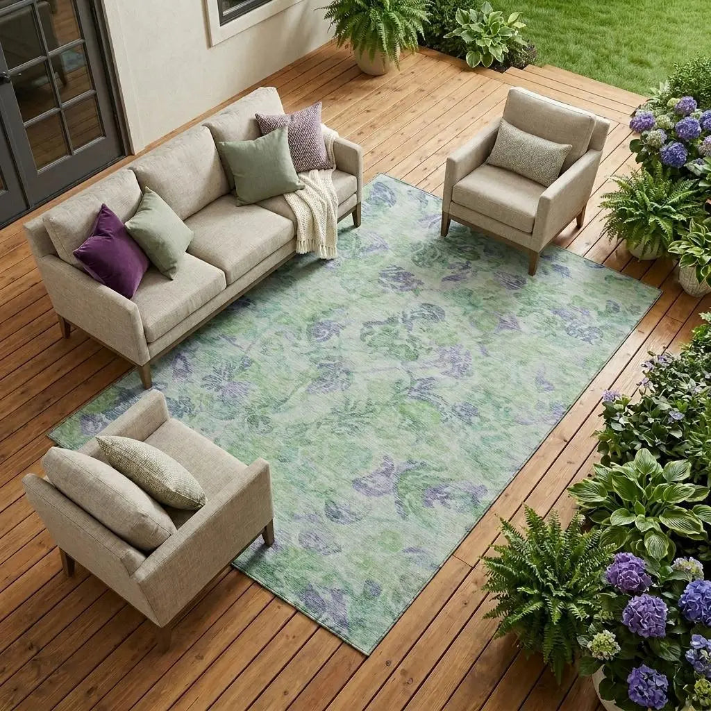 8' X 10' Green And Silver Floral Washable Indoor Outdoor Area Rug Homeroots Outdoor
