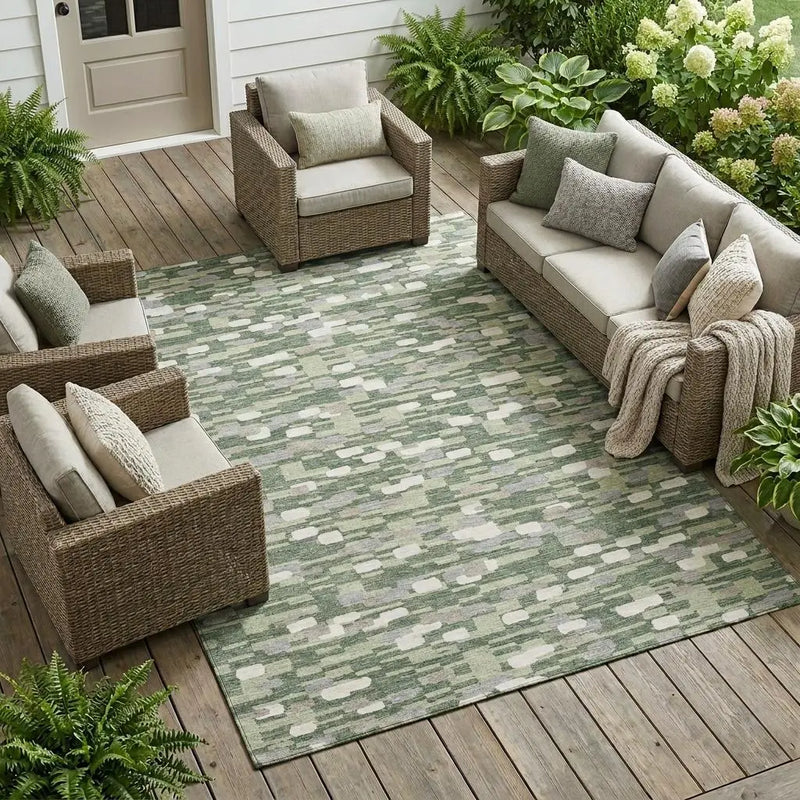 8' X 10' Green And Silver Geometric Washable Indoor Outdoor Area Rug Homeroots Outdoor