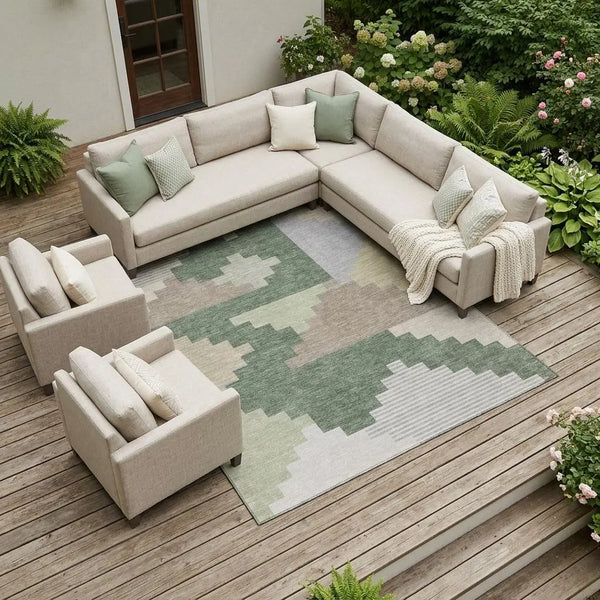8' X 10' Green And Silver Geometric Washable Indoor Outdoor Area Rug Homeroots Outdoor