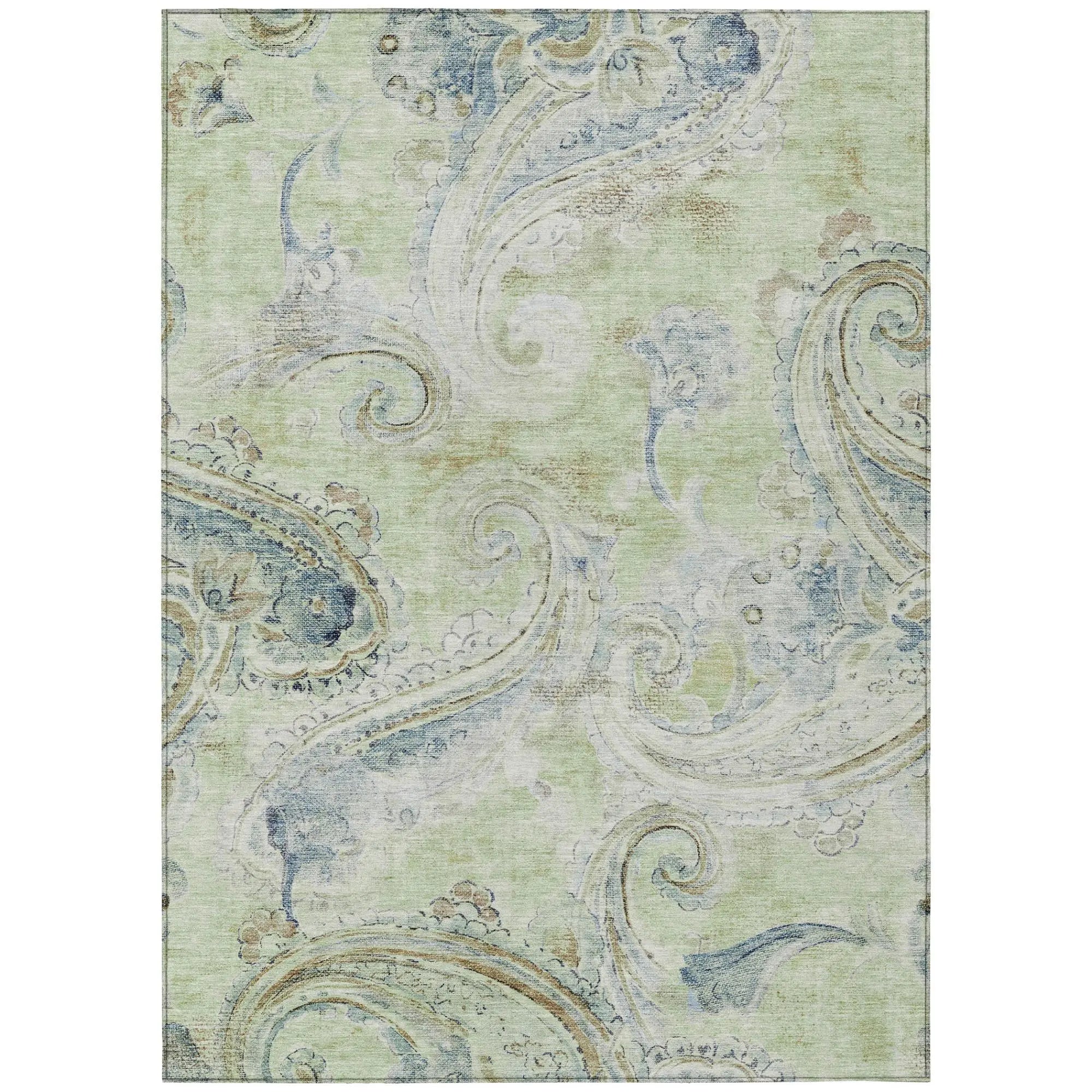 8' X 10' Green And Silver Paisley Washable Indoor Outdoor Area Rug Homeroots Outdoor