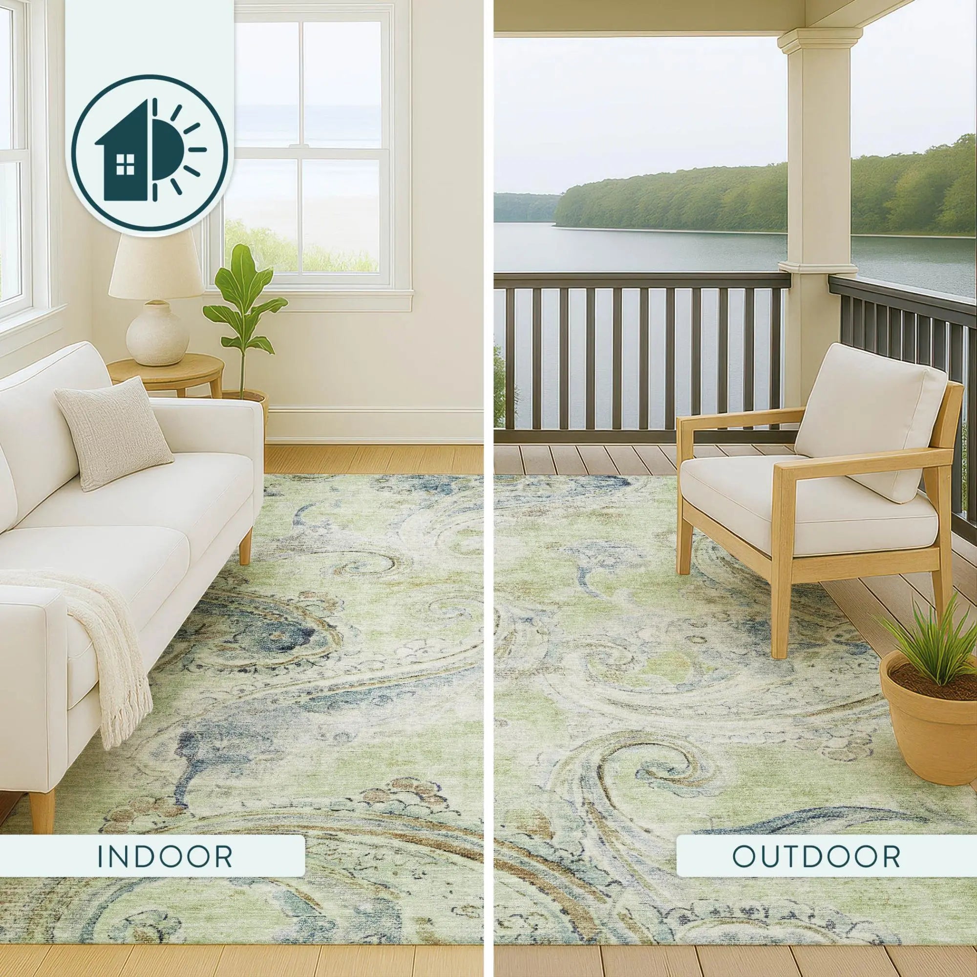 8' X 10' Green And Silver Paisley Washable Indoor Outdoor Area Rug Homeroots Outdoor