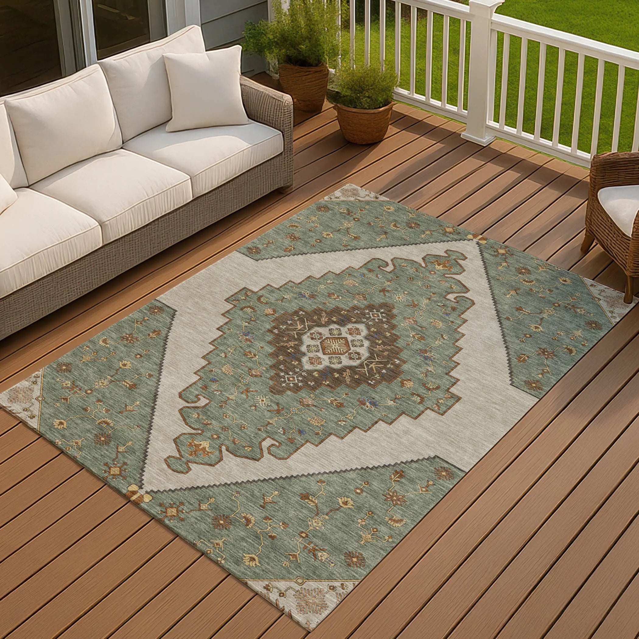 8' X 10' Green And Taupe Geometric Washable Indoor Outdoor Area Rug Homeroots Outdoor