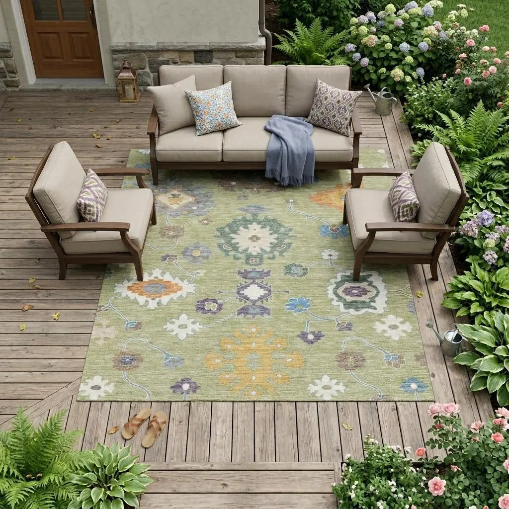 8' X 10' Green And Taupe Oriental Washable Indoor Outdoor Area Rug Homeroots Outdoor