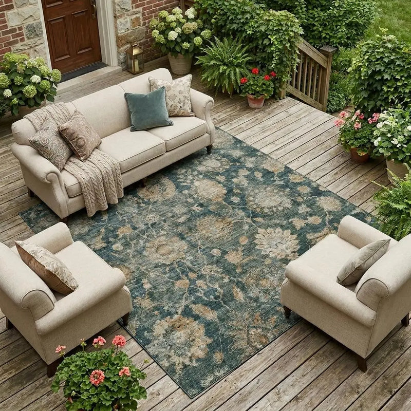 8' X 10' Green And Teal Blue Botanical Leaves Washable Indoor Outdoor Area Rug Homeroots Outdoor
