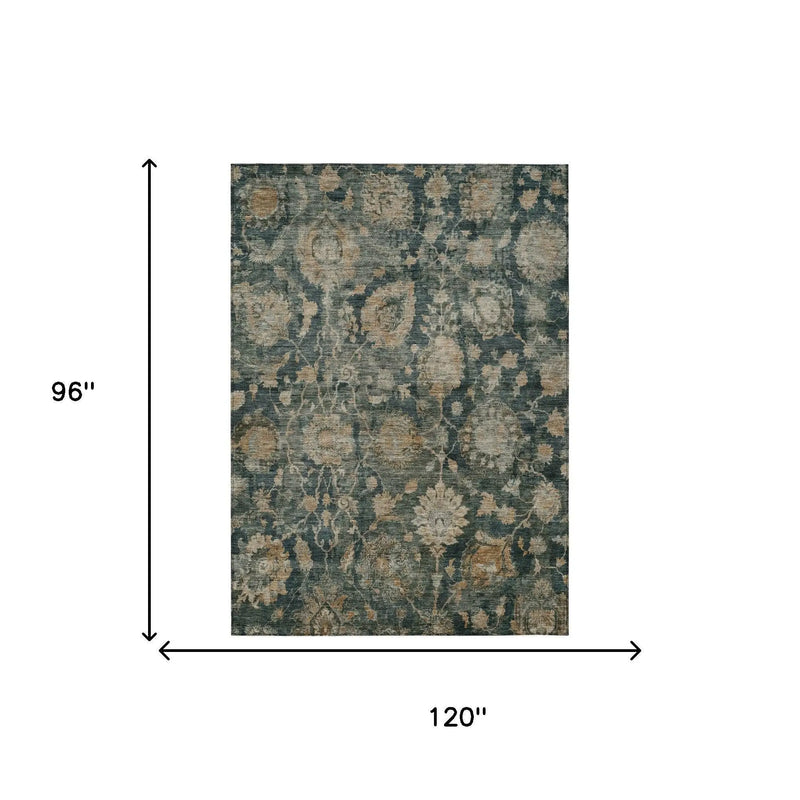 8' X 10' Green And Teal Blue Botanical Leaves Washable Indoor Outdoor Area Rug Homeroots Outdoor