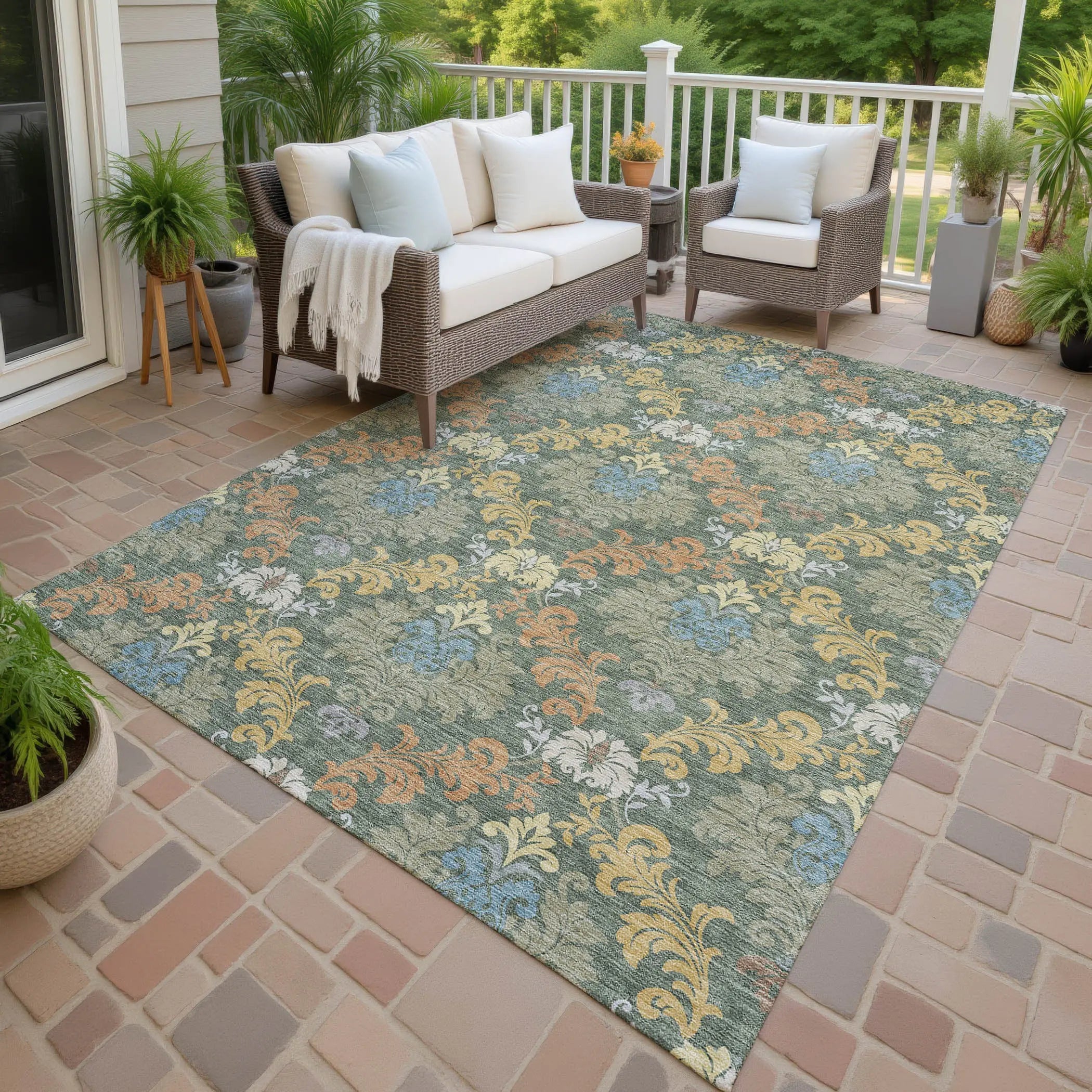 8' X 10' Green And Teal Blue Damask Washable Indoor Outdoor Area Rug Homeroots Outdoor