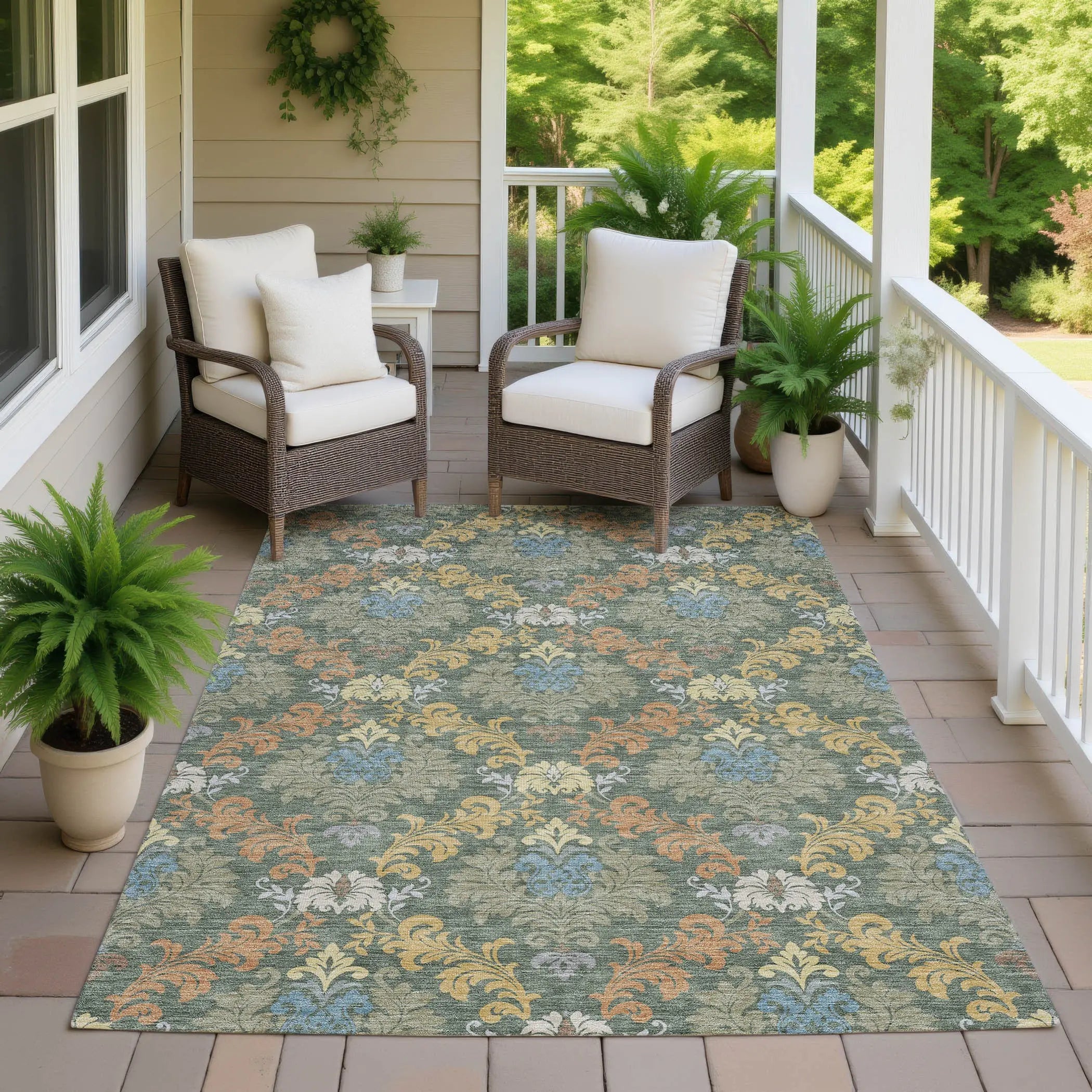 8' X 10' Green And Teal Blue Damask Washable Indoor Outdoor Area Rug Homeroots Outdoor