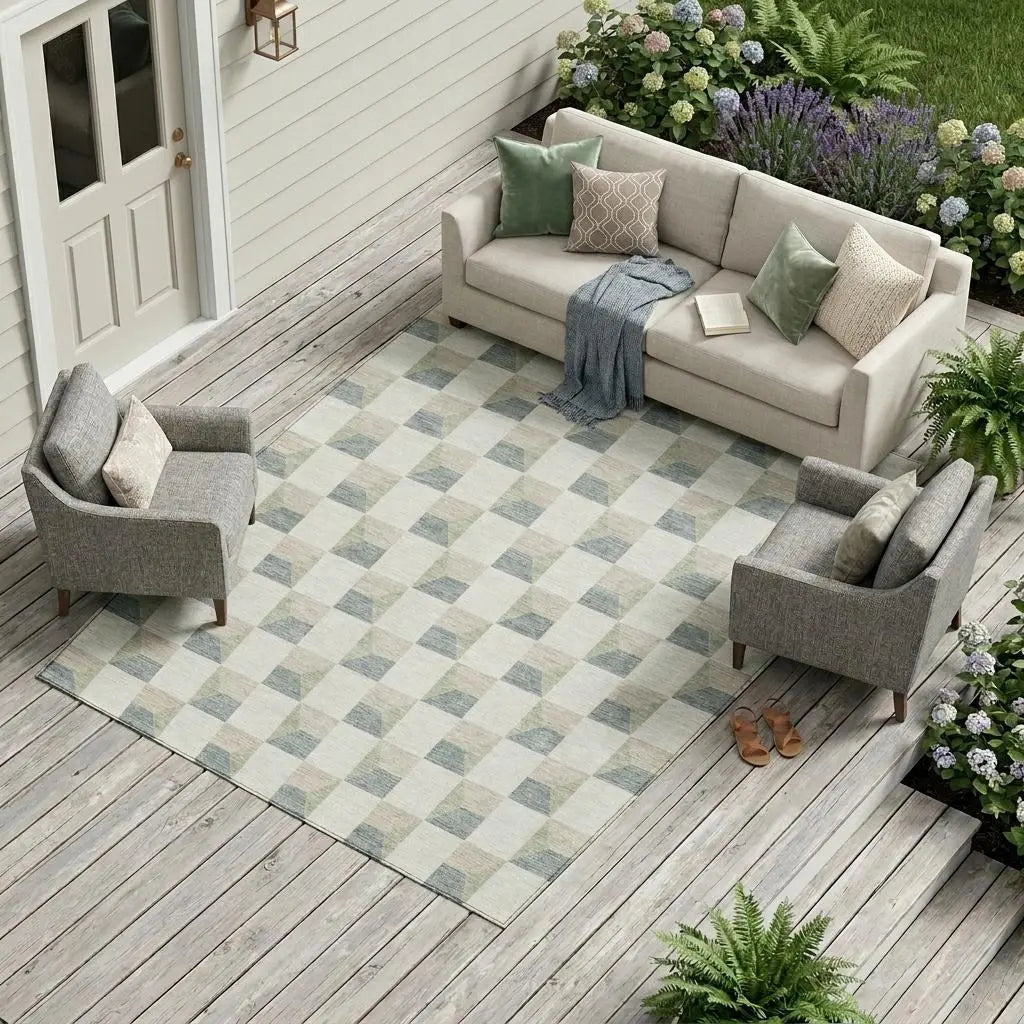 8' X 10' Green And Teal Blue Geometric Washable Indoor Outdoor Area Rug Homeroots Outdoor