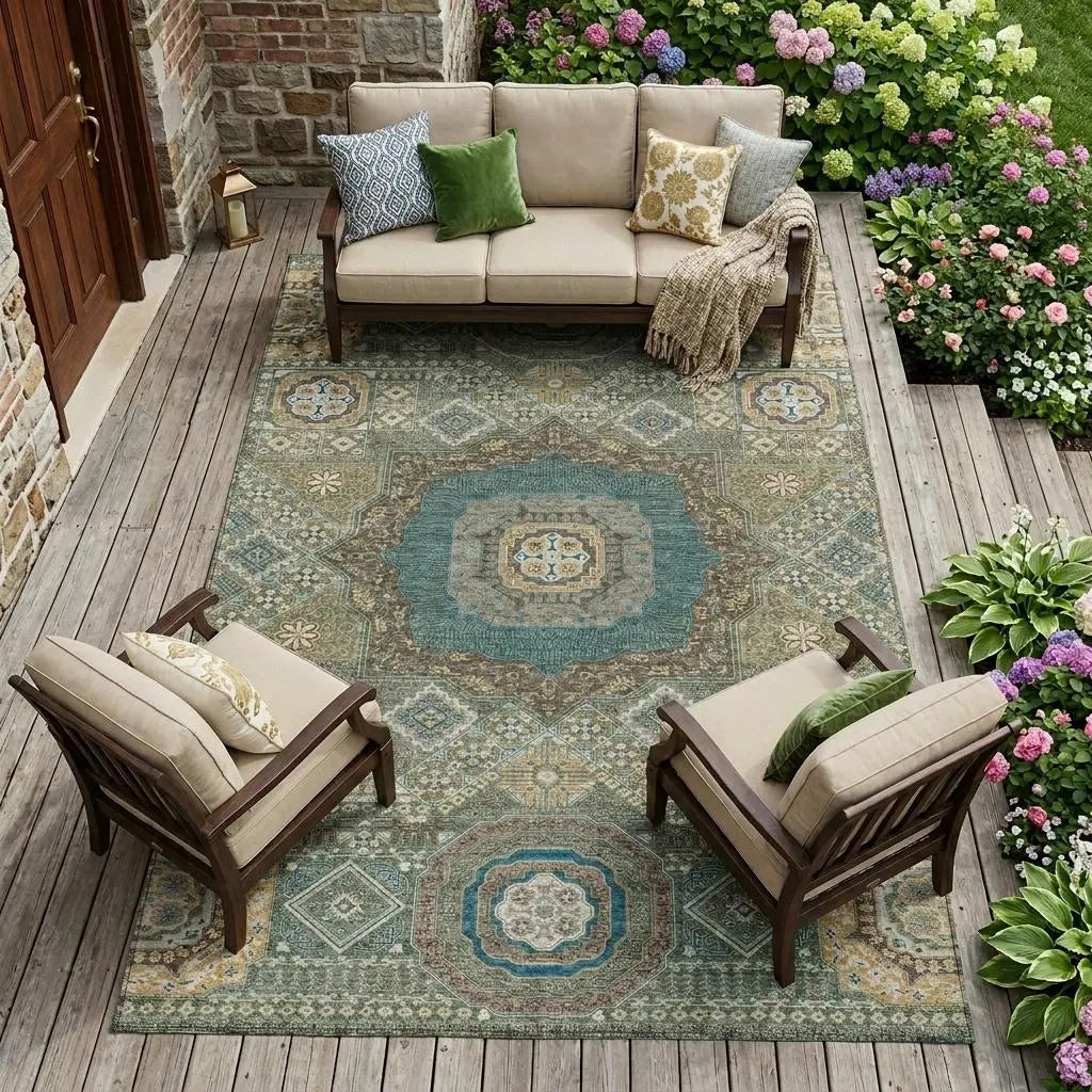 8' X 10' Green And Teal Blue Oriental Washable Indoor Outdoor Area Rug Homeroots Outdoor