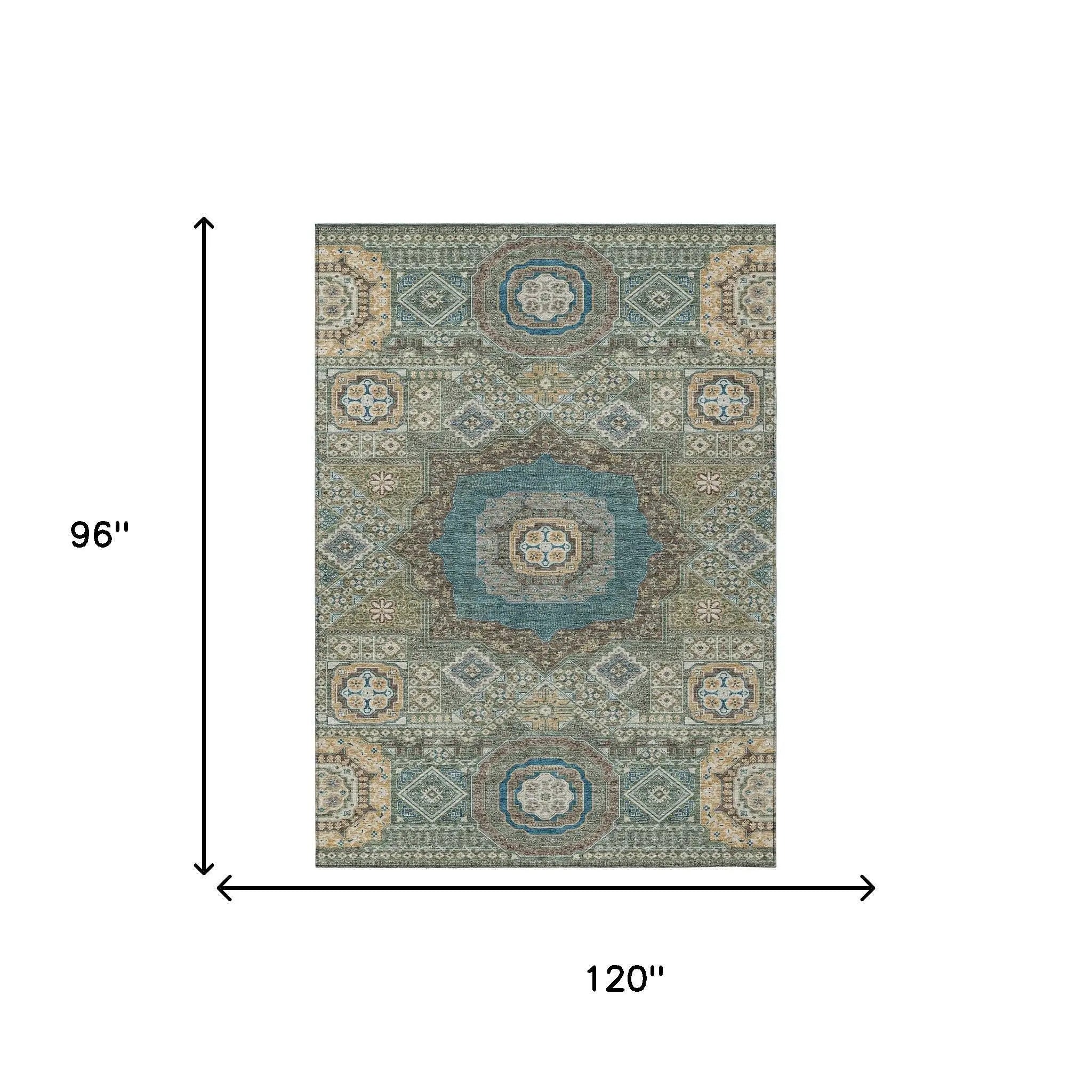 8' X 10' Green And Teal Blue Oriental Washable Indoor Outdoor Area Rug Homeroots Outdoor