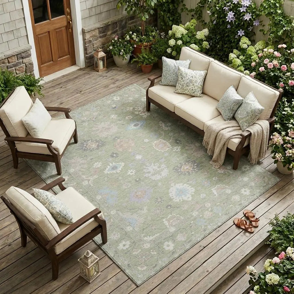 8' X 10' Green And Teal Blue Oriental Washable Indoor Outdoor Area Rug Homeroots Outdoor