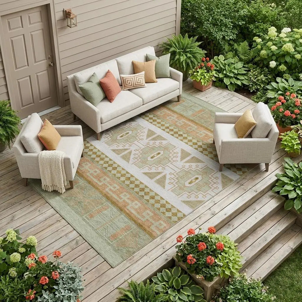 8' X 10' Green And Teal Blue Tribal Washable Indoor Outdoor Area Rug Homeroots Outdoor