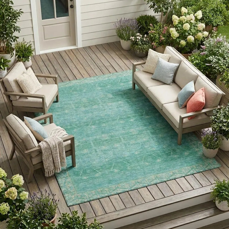 8' X 10' Green And Teal Blue Tribal Washable Indoor Outdoor Area Rug Homeroots Outdoor