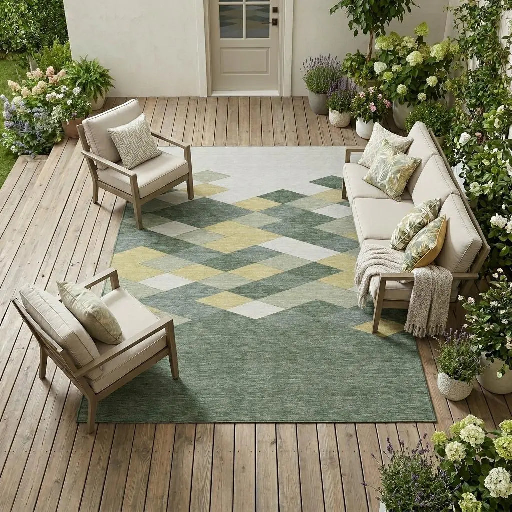 8' X 10' Green And Wheat Geometric Washable Indoor Outdoor Area Rug Homeroots Outdoor