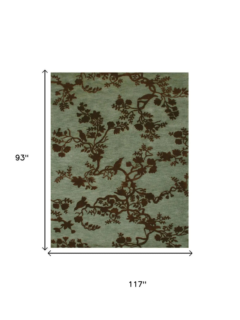 8' X 10' Green Blue And Brown Wool Floral Hand Knotted Area Rug Homeroots Home Decor
