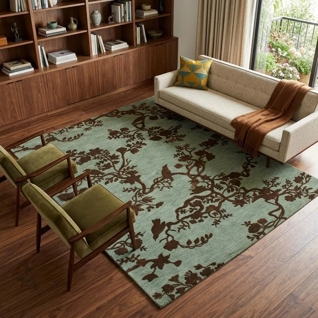 8' X 10' Green Blue And Brown Wool Floral Hand Knotted Area Rug Homeroots Home Decor