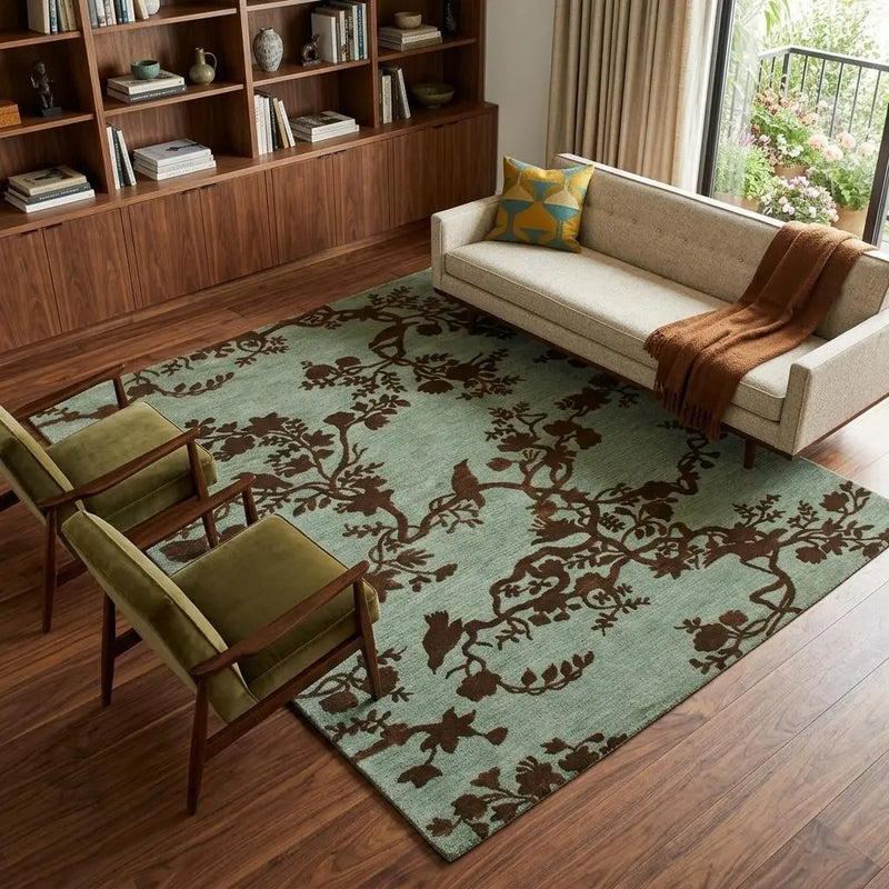 8' X 10' Green Blue And Brown Wool Floral Hand Knotted Area Rug Homeroots Home Decor
