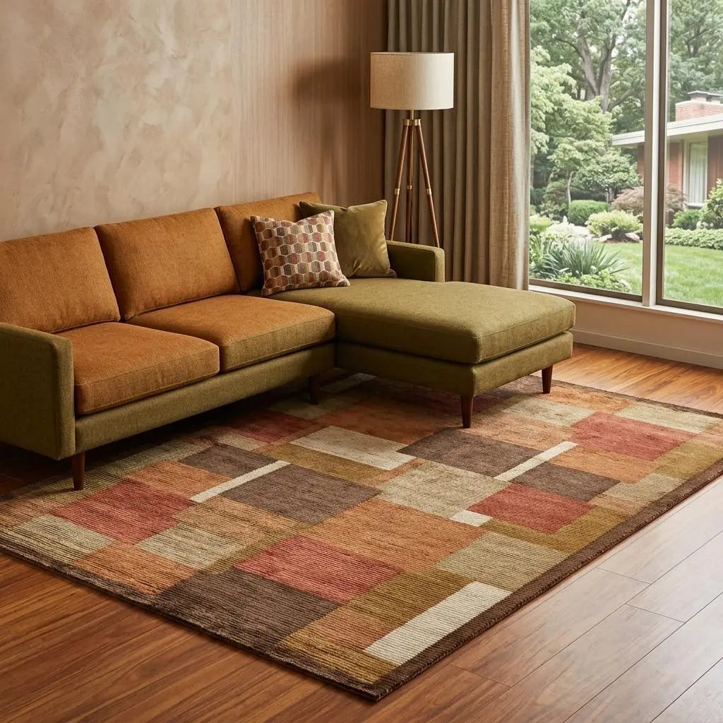 8' X 10' Green Brown And Orange Checkered Hand Knotted Area Rug Homeroots Home Decor