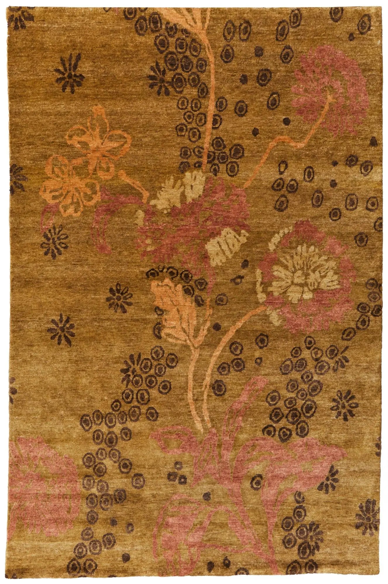 8' X 10' Green Brown And Orange Wool Floral Hand Knotted Area Rug Homeroots Home Decor