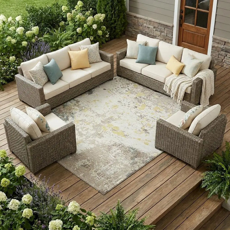 8' X 10' Ivory And Beige Abstract Washable Indoor Outdoor Area Rug Homeroots Outdoor