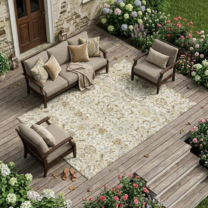 8' X 10' Ivory And Beige Floral Medallion Washable Indoor Outdoor Area Rug Homeroots Outdoor