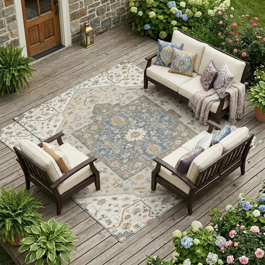 8' X 10' Ivory And Beige Floral Medallion Washable Indoor Outdoor Area Rug Homeroots Outdoor