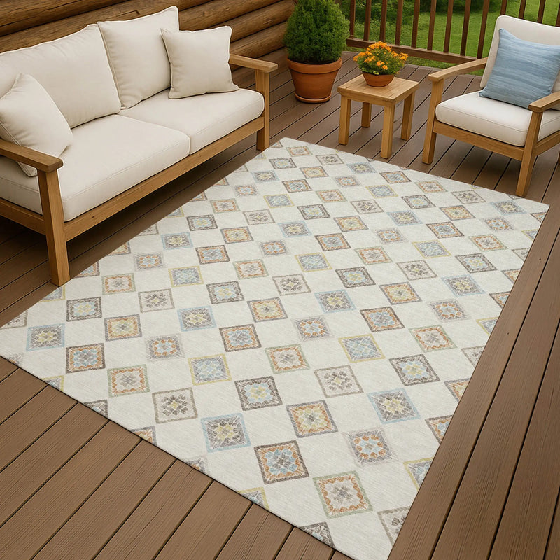 8' X 10' Ivory And Beige Geometric Washable Indoor Outdoor Area Rug Homeroots Outdoor