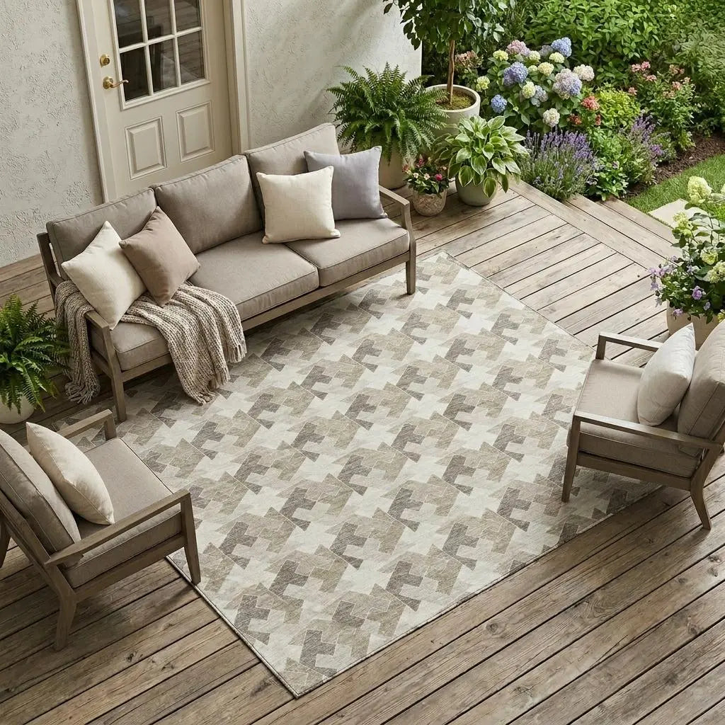 8' X 10' Ivory And Beige Geometric Washable Indoor Outdoor Area Rug Homeroots Outdoor