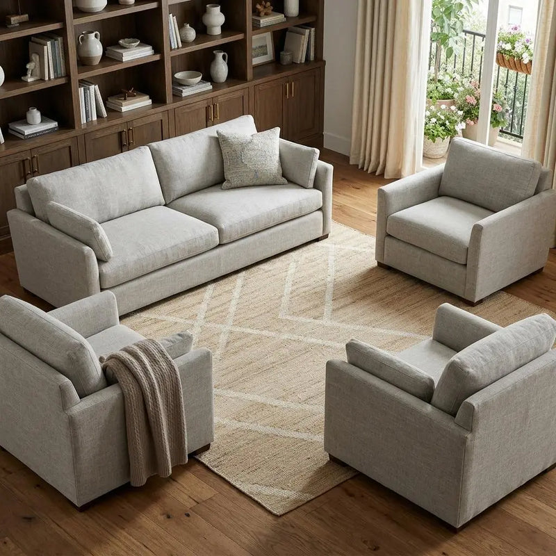 Light gray upholstered sofa and armchairs featuring modern design, perfect for cozy living room setups.